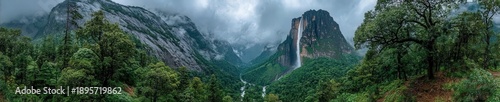 Epic cinematic view of Angel Falls plunging through mist from a towering cliff into lush rainforest under dramatic tropical clouds.