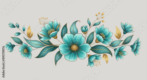 Decorative border of teal blue flowers and gold leaves on a light gray background.