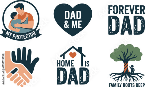 Father and child hugging graphic set for celebrating dads, family roots, home, protection, and love