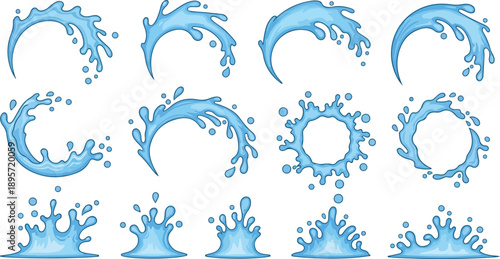 Collection of blue water splash illustrations from various viewpoints showcasing dynamic movement