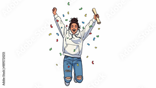 Joyful cartoon of a person celebrating with raised arms and confetti in a colorful, festive scene.