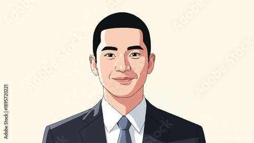 Portrait of a confident young businessman in a modern suit and tie, illustrated headshot style.