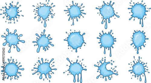 Collection of blue splatter designs arranged in a grid pattern on a clean background viewed from directly above