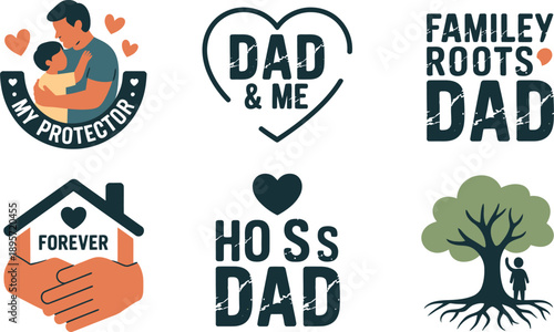 Fatherhood graphic set of dad and child hugging, family roots, home, protection, and love for dads