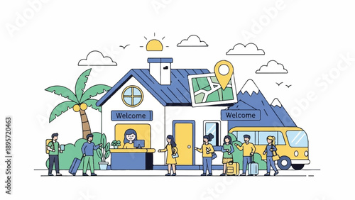 Sunny community market scene outside a modern house with solar panels and cheerful neighbors gathering.