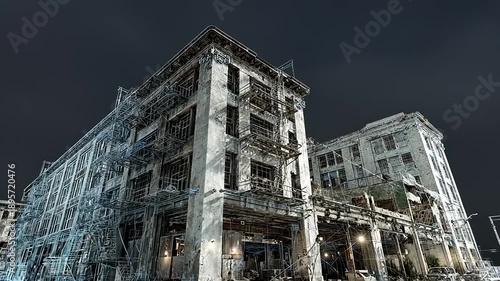 Abandoned building under renovation at night, showcasing scaffolding and urban decay