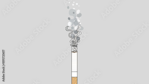 Smoldering cigarette emitting a plume of smoke against a plain gray background.