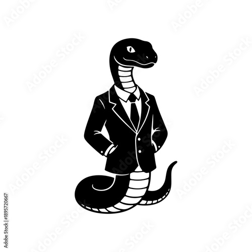 Minimalist black and white illustration of a snake wearing a suit and tie. Perfect for business metaphors, coding mascots, or legal and financial themes.