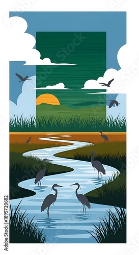 Serene Wetland Landscape with Herons and Winding River at Sunset.