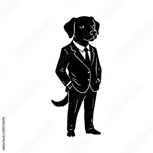 A minimalist black and white illustration of a Labrador wearing a formal suit and tie. Ideal for business concepts, mascots, and professional branding with a humorous twist.