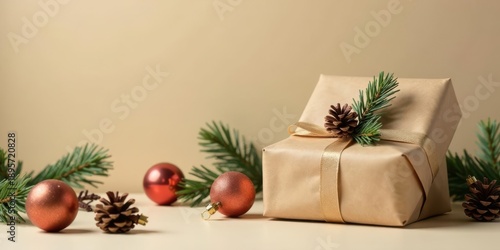 A thoughtfully wrapped gift, adorned with natural elements and festive ornaments, sits on a neutral background, symbolizing the spirit of giving and the joy of the holiday season.