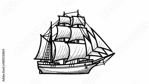 Old Sailboat Sketch with Historic Maritime Theme Capturing Classic Vessel Design.