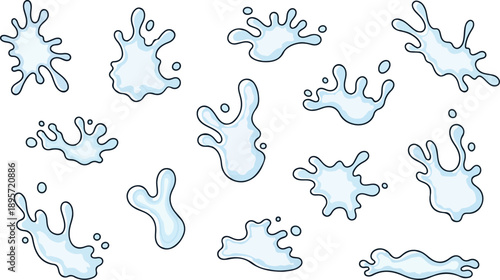 Collection of blue splashes and splatters illustration on a clean background from various viewpoints