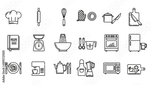 Kitchen Utensils and Appliances Line Icons Set.