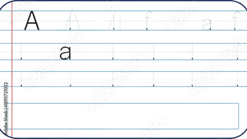 Practice sheet showing uppercase and lowercase A on lined notebook page for handwriting and letter formation.