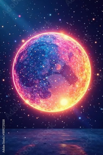 A vibrant cosmic sphere ablaze with radiant hues, a celestial body bathed in an ethereal glow, dominates the dark expanse of space, its surface mirroring the infinite starlight.