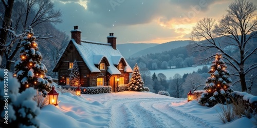 A Cozy Winter Wonderland Cottage Scene with Illuminated Evergreens and a Snow-Covered Path