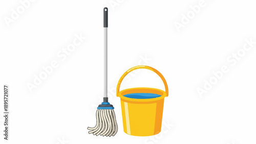 Clean-up scene featuring a mop and yellow bucket ready for housekeeping chores.