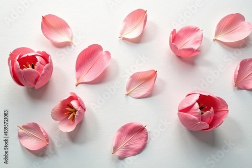 Delicate Pink Tulip Petals and Blossoms Arranged on a Smooth White Surface