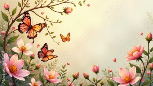 Serene Springtime Blossom and Butterfly Scene A Delicate Artistic Rendering of Nature's Beauty