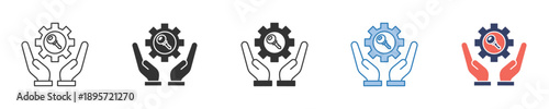 Abstract icon set of hands embracing a gear with a wrench, signifying dedicated technical support, comprehensive maintenance, and professional engineering services