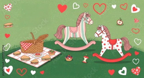 Rocking Horses Picnic Love Hearts Green Field Cute Childhood Toys