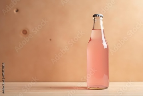 A Refreshing Pink Beverage in a Glass Bottle on a Wooden Surface