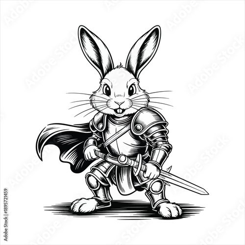 Epic bunny warrior character in full battle gear holding sword vector sketch