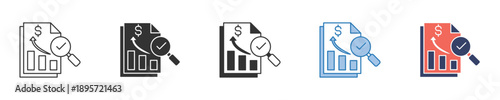 Strategic financial data analysis and business report verification icon set, symbolizing growth, successful planning, and meticulous review for optimal performance outcomes