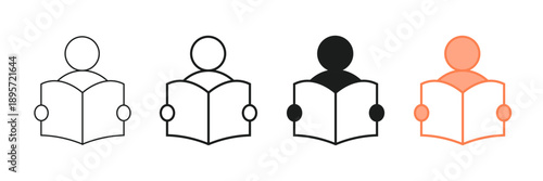 Set of minimalist person reading book icons with transparent background, depicting learning, education, knowledge, student, and academic study, vector illustration
