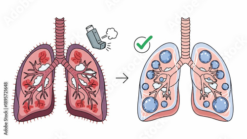Comparison of healthy versus diseased lungs in a medical illustration showing airways and alveolar structures.