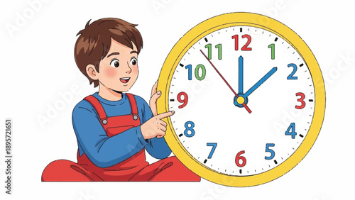 Young boy in overalls learning to tell time with a large colorful clock.