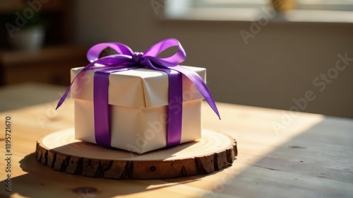 A delicately wrapped present, adorned with a rich purple ribbon, rests on a rustic wooden slice, bathed in warm sunlight.