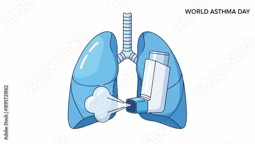 Illustration of Lungs for Asthma Awareness and World Asthma Day, Featuring Inhaler and Respiratory Health Elements.