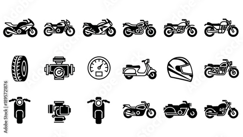 Motorcycle icons and bike parts.