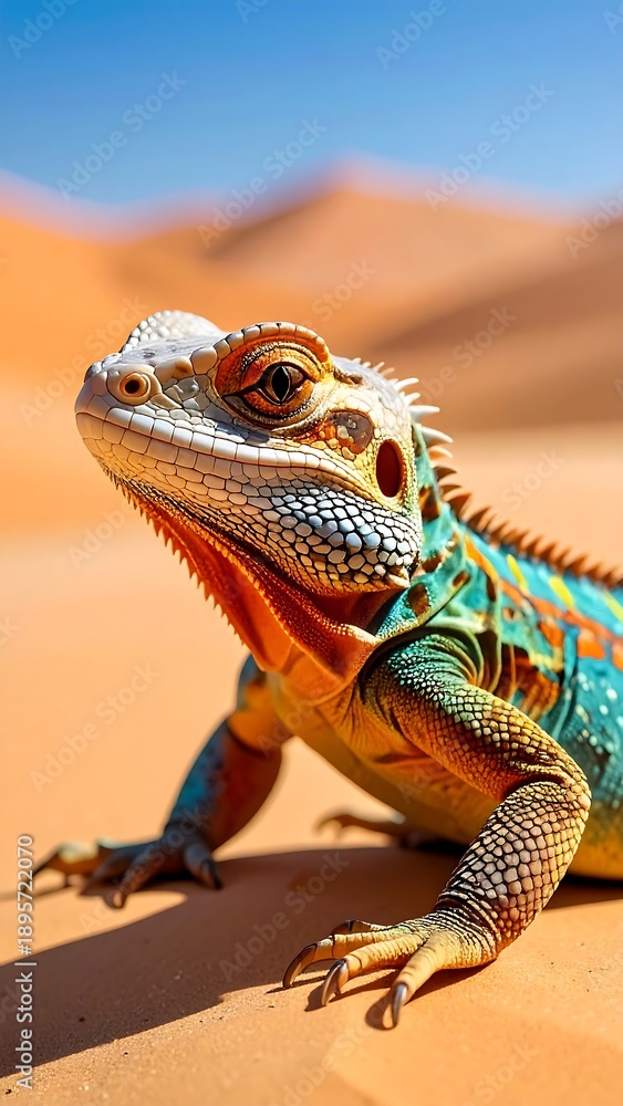 Fototapeta premium Colorful iguana rests on textured sand with dunes and bright sky in the background