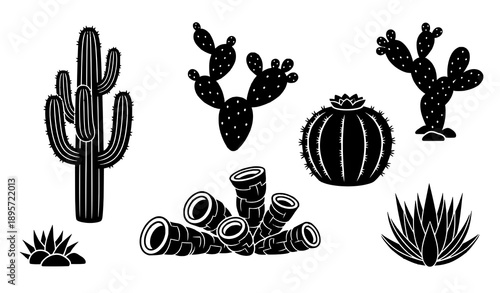 Mexican cactus vector icon set solid black desert plant silhouettes isolated on transparent background