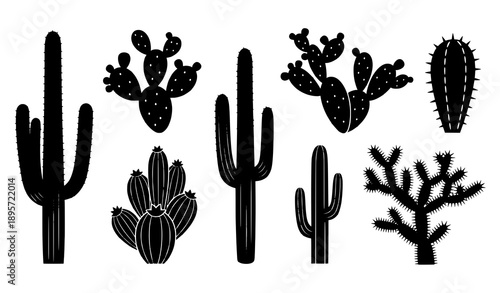 Desert cactus black silhouette icon collection vector isolated on transparent background