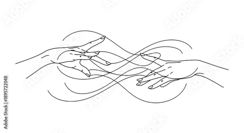 Continuous line drawing of two hands reaching out to each other.