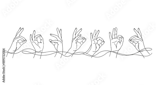 Continuous line drawing of hands showing various gestures and signs.