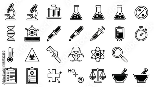 Science laboratory equipment and symbols.