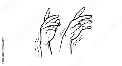 Simple line drawing of two hands gesturing or signing.