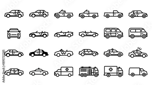 Variety of cars and trucks icons.