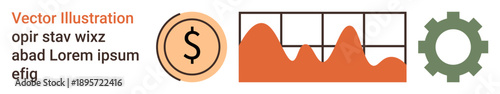 Financial analytics, data visualization, economic trends, business growth, operational efficiency, technology solutions. Dollar sign, graph and gear icon. Financial analytics and data visualization