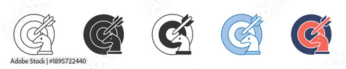 Strategic objective achievement icon set demonstrating precise target hitting, goal-oriented success, and focused business solutions for various applications