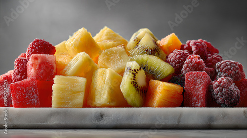 colorful stack frozen chopped tropical fruit pineapple watermelon kiwi raspberry white marble counter