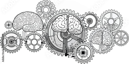 Innovative integration of human brain and mechanical gears representing artificial intelligence