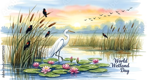 World Wetland Day watercolor painting with egret, birds, cattails, and water lilies at sunset.