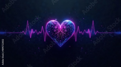Glowing Heartbeat Abstract Art Featuring a Vibrant, Networked Heart and a Pulsating Rhythm Line