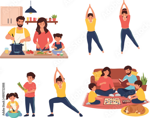 Illustration of a family practicing yoga and cooking together in a kitchen and living room on World Health Day. Perfect for health campaigns, wellness programs, and family activity